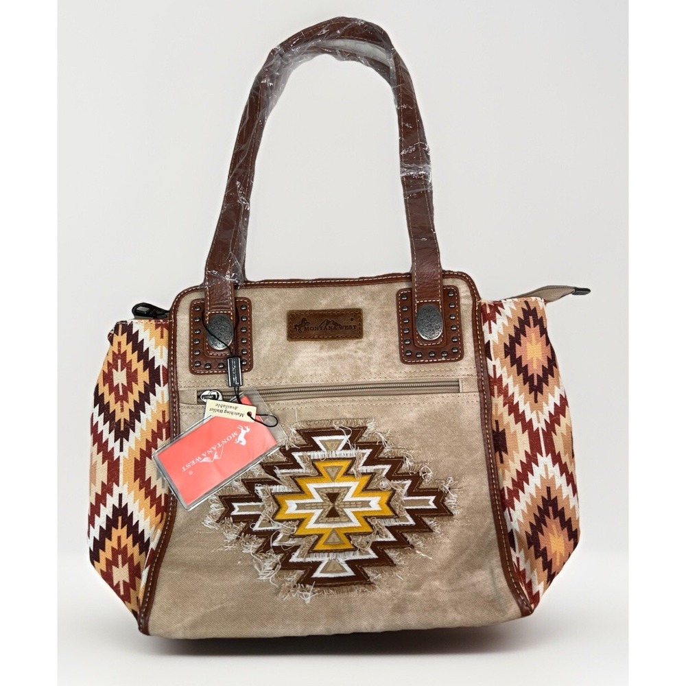 Montana West Tan Western Aztec Print Purse Inner/Outter Ziper Pockets NWT 15"